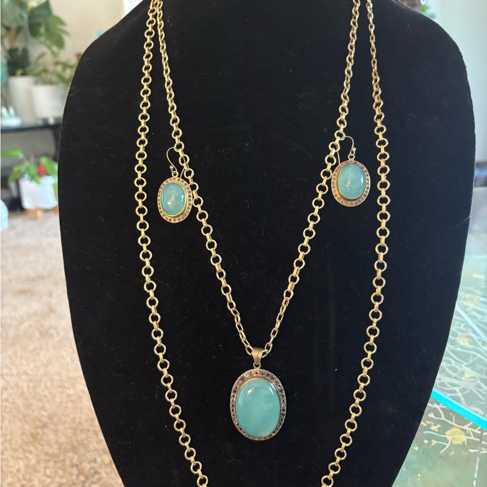 Jamie Young 14kt Vermeil W Cabochon Chalcedony Necklace & Earring Set